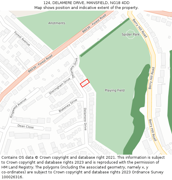 124, DELAMERE DRIVE, MANSFIELD, NG18 4DD: Location map and indicative extent of plot