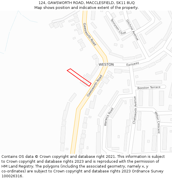 124, GAWSWORTH ROAD, MACCLESFIELD, SK11 8UQ: Location map and indicative extent of plot