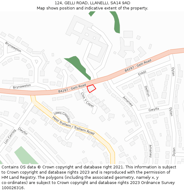 124, GELLI ROAD, LLANELLI, SA14 9AD: Location map and indicative extent of plot