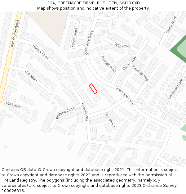 124, GREENACRE DRIVE, RUSHDEN, NN10 0XB: Location map and indicative extent of plot