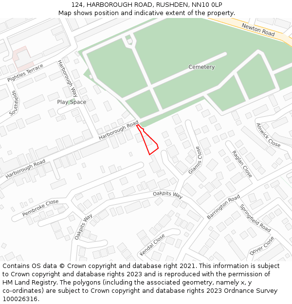 124, HARBOROUGH ROAD, RUSHDEN, NN10 0LP: Location map and indicative extent of plot