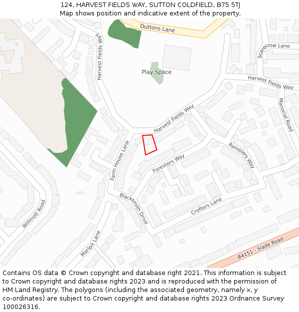 124, HARVEST FIELDS WAY, SUTTON COLDFIELD, B75 5TJ: Location map and indicative extent of plot