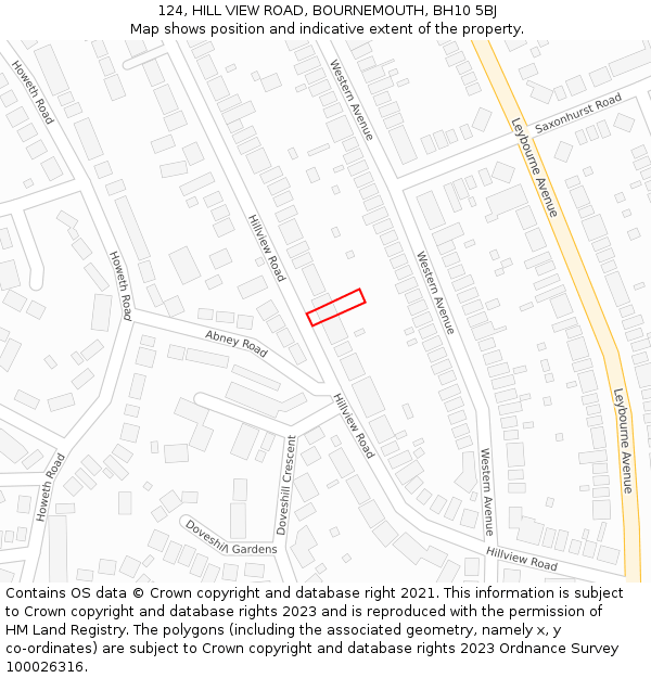 124, HILL VIEW ROAD, BOURNEMOUTH, BH10 5BJ: Location map and indicative extent of plot