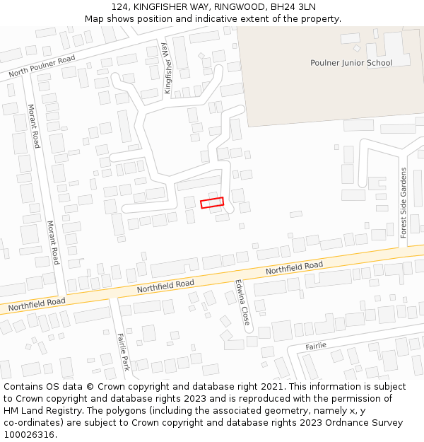 124, KINGFISHER WAY, RINGWOOD, BH24 3LN: Location map and indicative extent of plot