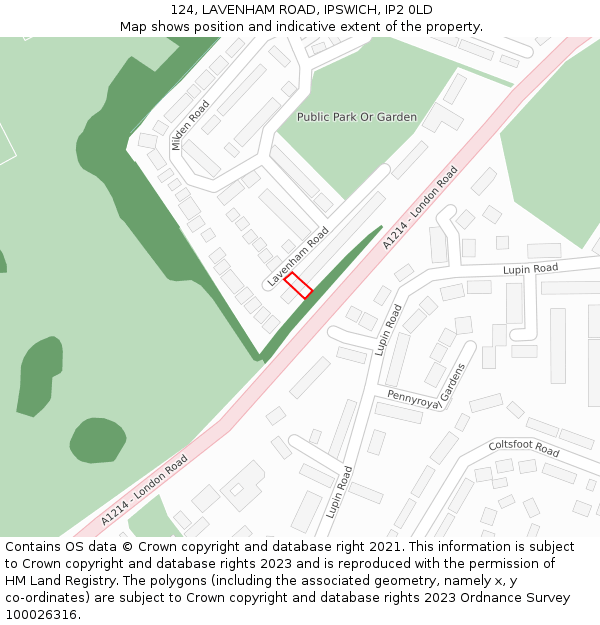 124, LAVENHAM ROAD, IPSWICH, IP2 0LD: Location map and indicative extent of plot