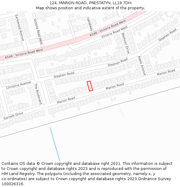 124, MARION ROAD, PRESTATYN, LL19 7DH: Location map and indicative extent of plot