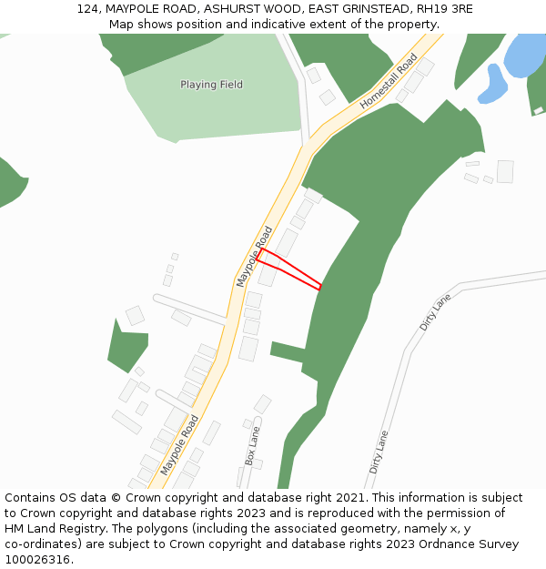 124, MAYPOLE ROAD, ASHURST WOOD, EAST GRINSTEAD, RH19 3RE: Location map and indicative extent of plot
