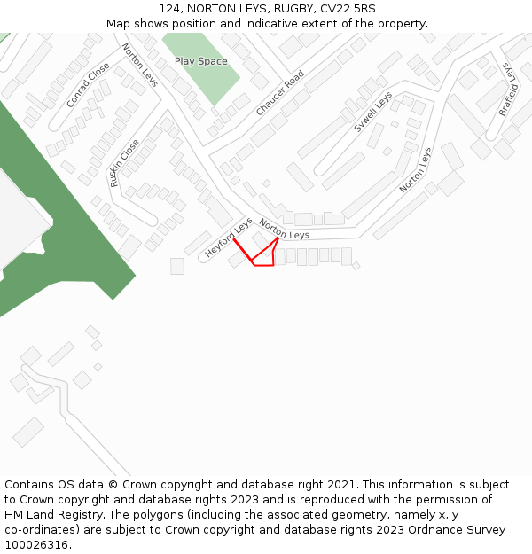 124, NORTON LEYS, RUGBY, CV22 5RS: Location map and indicative extent of plot