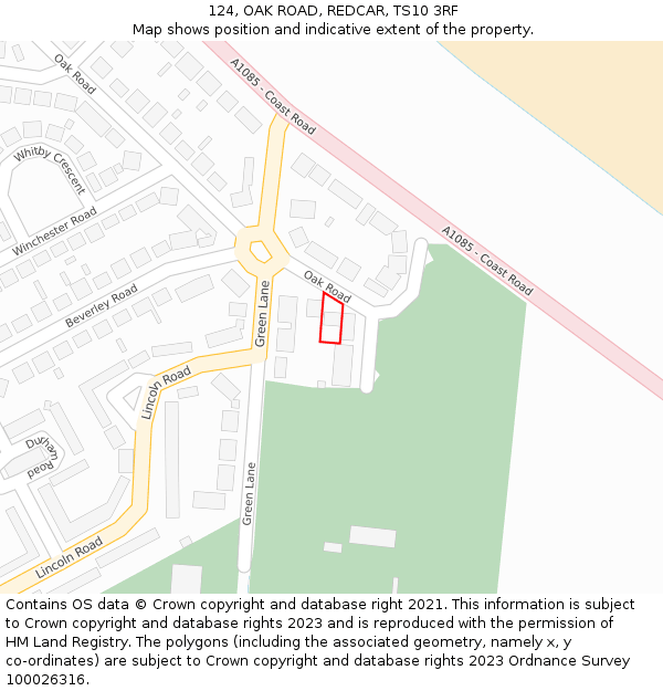 124, OAK ROAD, REDCAR, TS10 3RF: Location map and indicative extent of plot