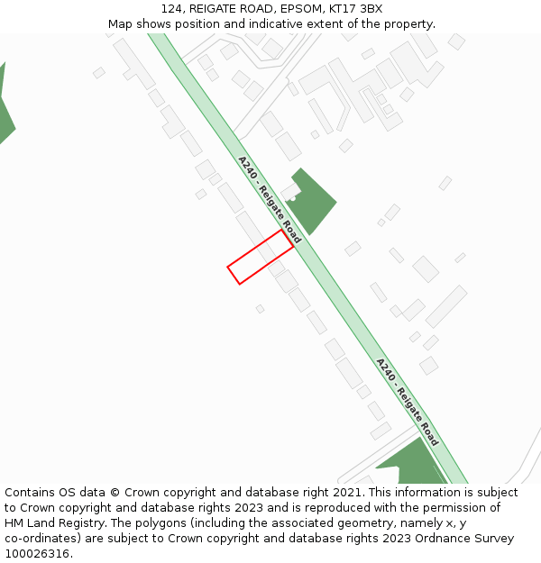 124, REIGATE ROAD, EPSOM, KT17 3BX: Location map and indicative extent of plot