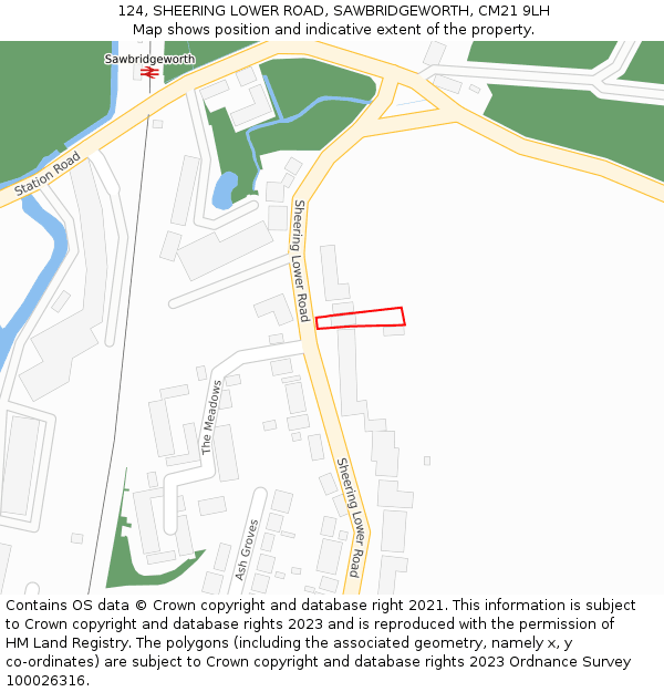 124, SHEERING LOWER ROAD, SAWBRIDGEWORTH, CM21 9LH: Location map and indicative extent of plot