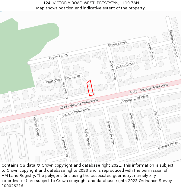 124, VICTORIA ROAD WEST, PRESTATYN, LL19 7AN: Location map and indicative extent of plot