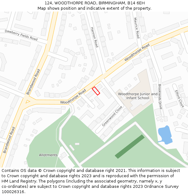 124, WOODTHORPE ROAD, BIRMINGHAM, B14 6EH: Location map and indicative extent of plot