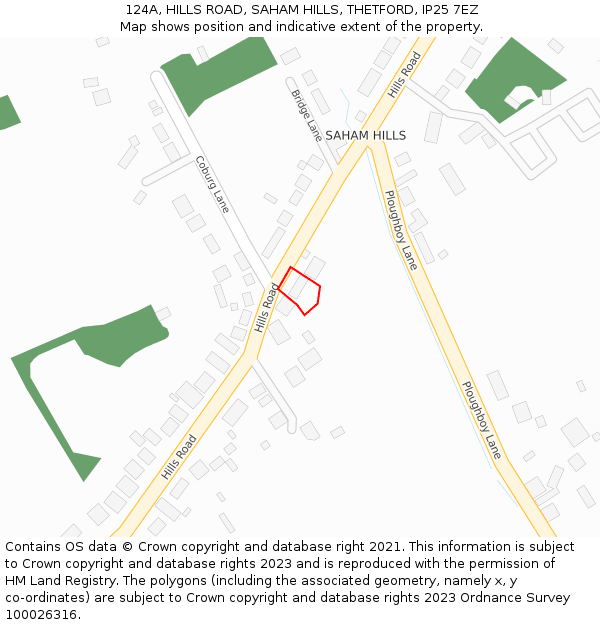 124A, HILLS ROAD, SAHAM HILLS, THETFORD, IP25 7EZ: Location map and indicative extent of plot