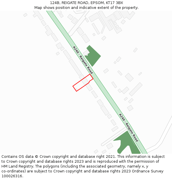 124B, REIGATE ROAD, EPSOM, KT17 3BX: Location map and indicative extent of plot