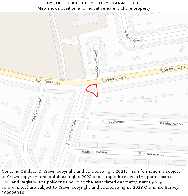 125, BROCKHURST ROAD, BIRMINGHAM, B36 8JE: Location map and indicative extent of plot