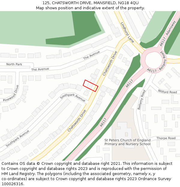 125, CHATSWORTH DRIVE, MANSFIELD, NG18 4QU: Location map and indicative extent of plot