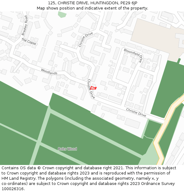 125, CHRISTIE DRIVE, HUNTINGDON, PE29 6JP: Location map and indicative extent of plot