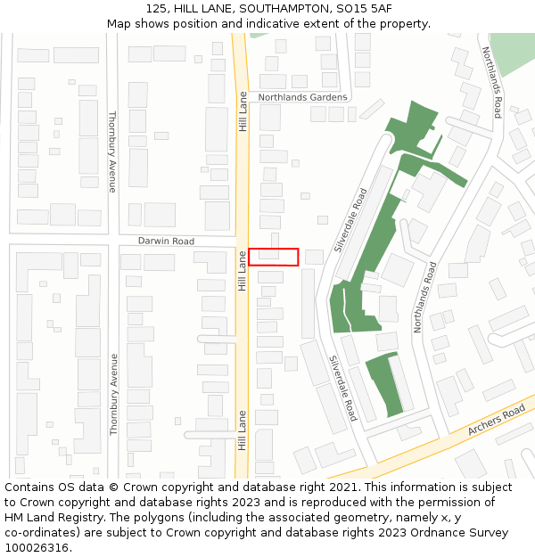 125, HILL LANE, SOUTHAMPTON, SO15 5AF: Location map and indicative extent of plot