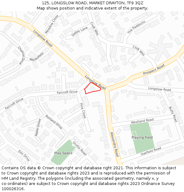 125, LONGSLOW ROAD, MARKET DRAYTON, TF9 3QZ: Location map and indicative extent of plot