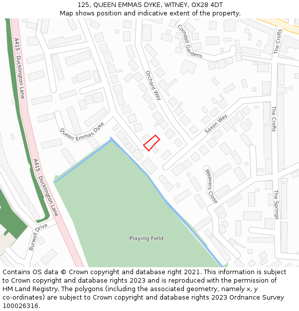 125, QUEEN EMMAS DYKE, WITNEY, OX28 4DT: Location map and indicative extent of plot