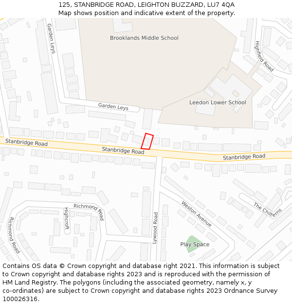 125, STANBRIDGE ROAD, LEIGHTON BUZZARD, LU7 4QA: Location map and indicative extent of plot