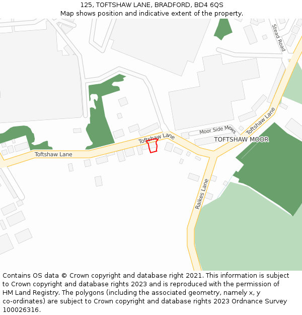 125, TOFTSHAW LANE, BRADFORD, BD4 6QS: Location map and indicative extent of plot