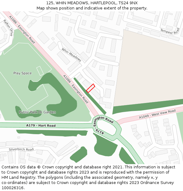 125, WHIN MEADOWS, HARTLEPOOL, TS24 9NX: Location map and indicative extent of plot