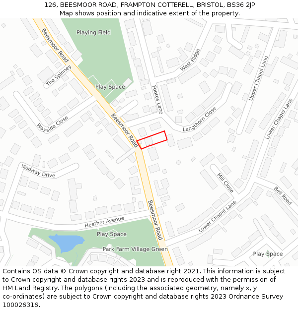 126, BEESMOOR ROAD, FRAMPTON COTTERELL, BRISTOL, BS36 2JP: Location map and indicative extent of plot