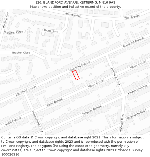 126, BLANDFORD AVENUE, KETTERING, NN16 9AS: Location map and indicative extent of plot