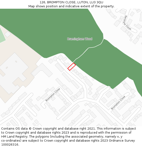 126, BROMPTON CLOSE, LUTON, LU3 3QU: Location map and indicative extent of plot