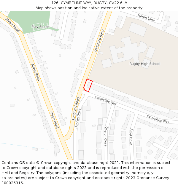 126, CYMBELINE WAY, RUGBY, CV22 6LA: Location map and indicative extent of plot