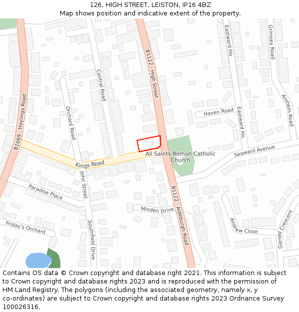 126, HIGH STREET, LEISTON, IP16 4BZ: Location map and indicative extent of plot