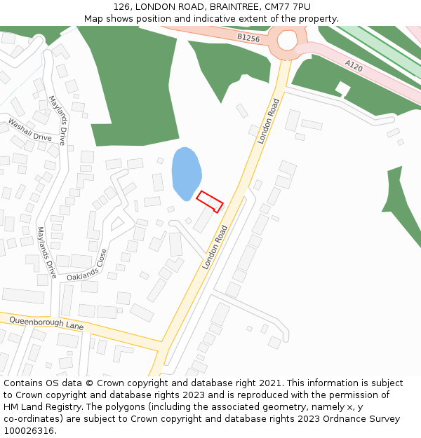 126, LONDON ROAD, BRAINTREE, CM77 7PU: Location map and indicative extent of plot