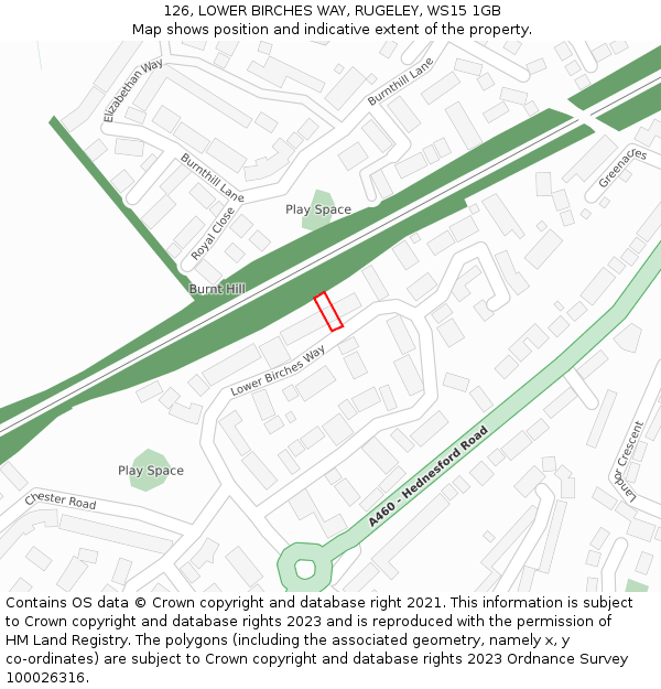 126, LOWER BIRCHES WAY, RUGELEY, WS15 1GB: Location map and indicative extent of plot