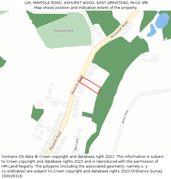 126, MAYPOLE ROAD, ASHURST WOOD, EAST GRINSTEAD, RH19 3RE: Location map and indicative extent of plot