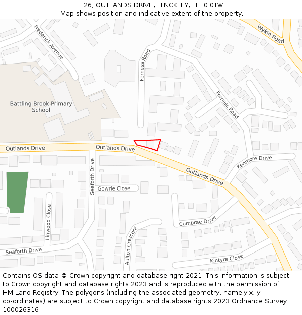 126, OUTLANDS DRIVE, HINCKLEY, LE10 0TW: Location map and indicative extent of plot