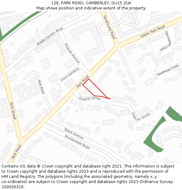 126, PARK ROAD, CAMBERLEY, GU15 2LW: Location map and indicative extent of plot