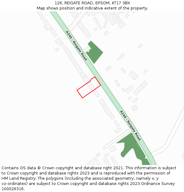 126, REIGATE ROAD, EPSOM, KT17 3BX: Location map and indicative extent of plot