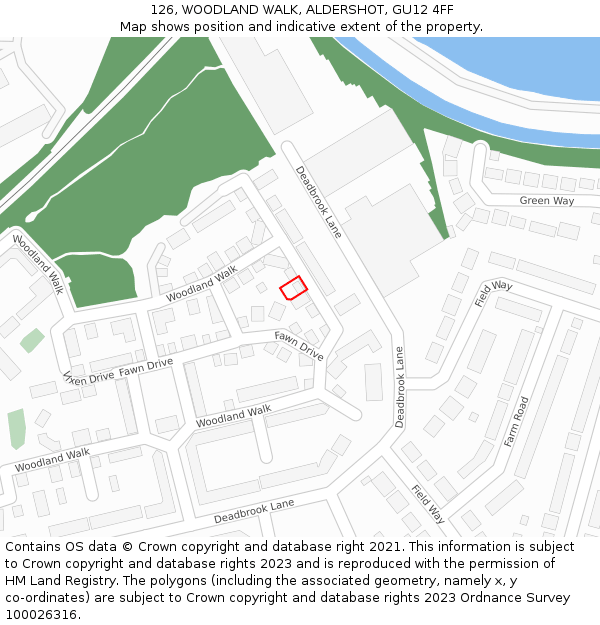 126, WOODLAND WALK, ALDERSHOT, GU12 4FF: Location map and indicative extent of plot