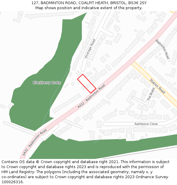 127, BADMINTON ROAD, COALPIT HEATH, BRISTOL, BS36 2SY: Location map and indicative extent of plot