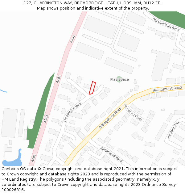 127, CHARRINGTON WAY, BROADBRIDGE HEATH, HORSHAM, RH12 3TL: Location map and indicative extent of plot