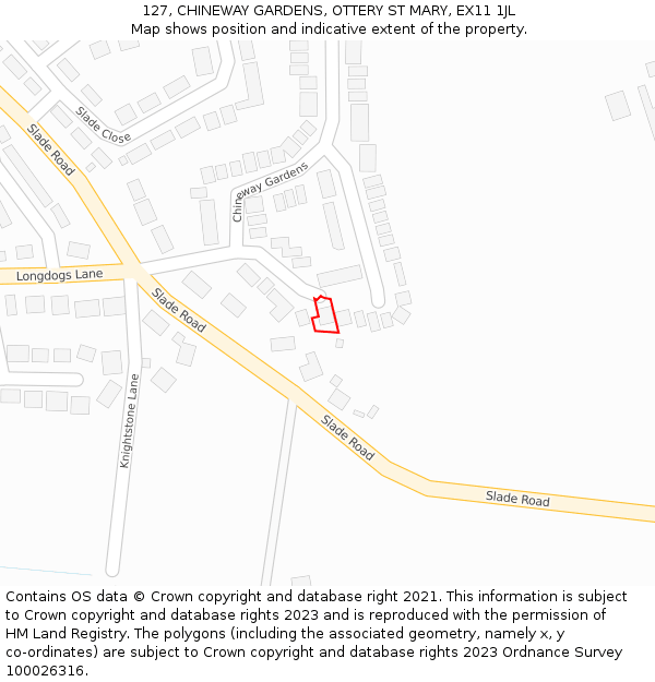 127, CHINEWAY GARDENS, OTTERY ST MARY, EX11 1JL: Location map and indicative extent of plot