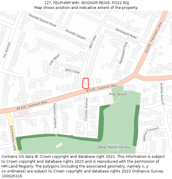 127, FELPHAM WAY, BOGNOR REGIS, PO22 8QJ: Location map and indicative extent of plot