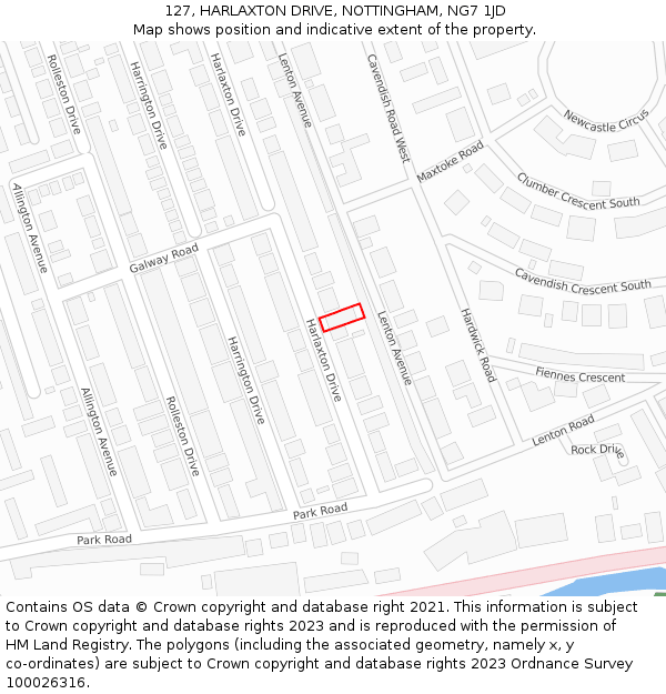 127, HARLAXTON DRIVE, NOTTINGHAM, NG7 1JD: Location map and indicative extent of plot