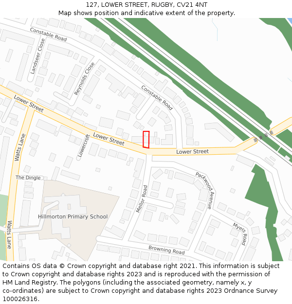 127, LOWER STREET, RUGBY, CV21 4NT: Location map and indicative extent of plot