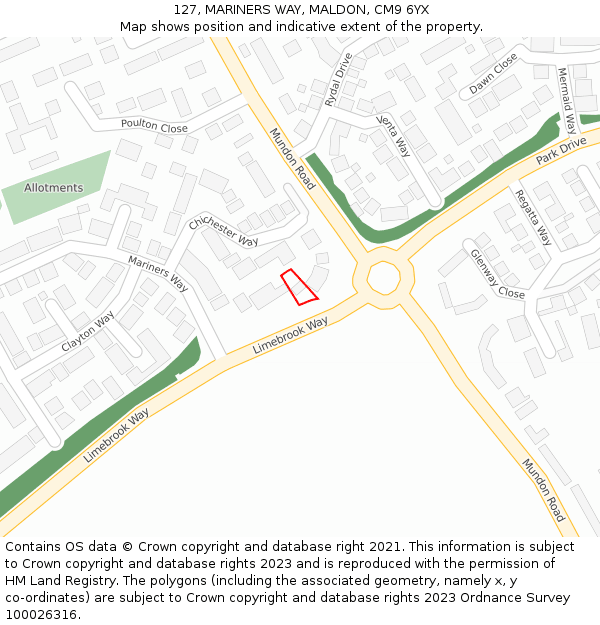 127, MARINERS WAY, MALDON, CM9 6YX: Location map and indicative extent of plot