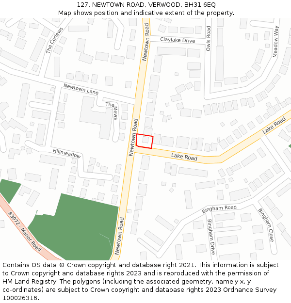 127, NEWTOWN ROAD, VERWOOD, BH31 6EQ: Location map and indicative extent of plot