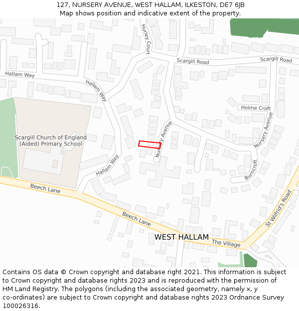 127, NURSERY AVENUE, WEST HALLAM, ILKESTON, DE7 6JB: Location map and indicative extent of plot