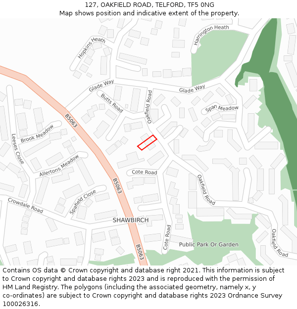 127, OAKFIELD ROAD, TELFORD, TF5 0NG: Location map and indicative extent of plot